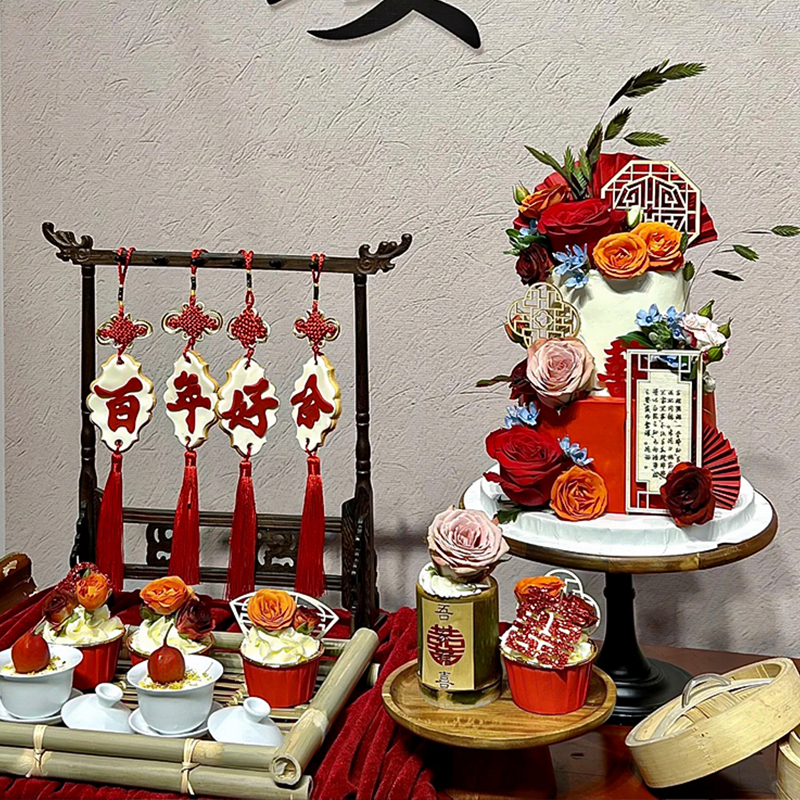 中式古典订婚结婚鲜花婚礼甜品台