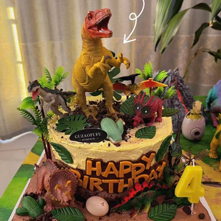 饰小动物 恐龙世界森系主题男孩生日蛋糕摆件霸王龙暴龙翼龙装