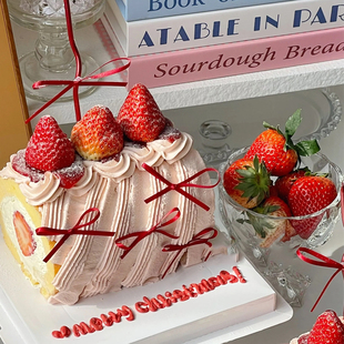 甜品圣诞节日面包卷蛋糕装 网红冬季 饰成品DIY蝴蝶结丝带曲线蜡烛