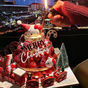 2025网红kt凯蒂猫甜品圣诞塔主题蛋糕装 饰英文插件摆件火车圣诞树