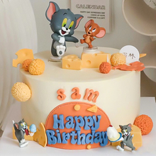Q版猫和老鼠蛋糕装饰摆件JerryTom奶酪模具生日快乐插牌蜡烛插件