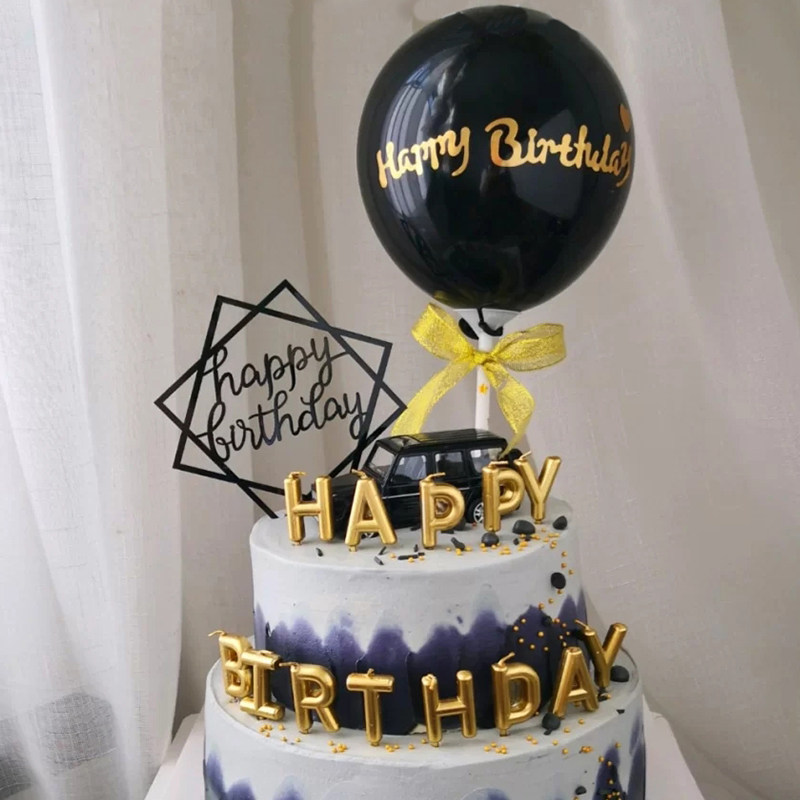 5寸纯黑色系气球蛋糕装饰摆件男士生日派对烘焙黑金气球装扮