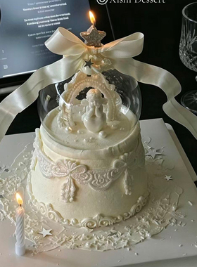 氛围感飘带蝴蝶结丝带天使生日蛋糕装饰白色蜡烛丝带天使玻璃球