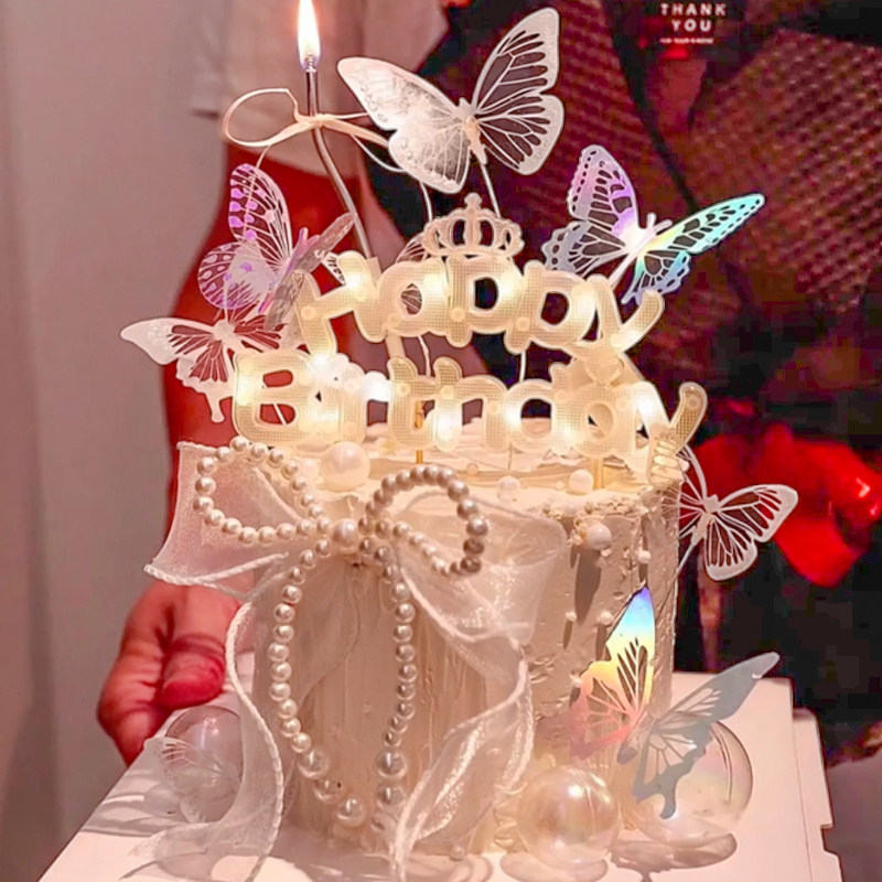 唯美幻彩蝴蝶结蛋糕装饰发光灯适合送女生女神生日蛋糕蝴蝶珍珠串,节庆用品/礼品,蛋糕/烘焙装饰用品,淘宝优惠券,粉丝福利购,淘宝优惠卷