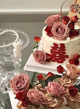 中式复古订婚结婚蛋糕装饰鲜花红色囍纸杯甜品石榴花喜字蛋糕插件