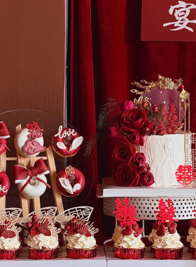红色系复古仪式感订婚宴婚礼甜品台蛋糕装饰玫瑰囍字模具爱心插件