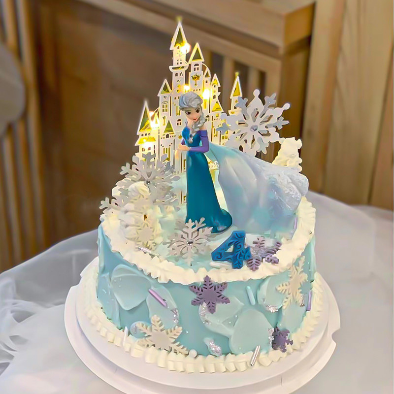 冰雪奇缘女王蛋糕装饰q版艾莎安娜公主披风艾莎生日烘培摆件城堡