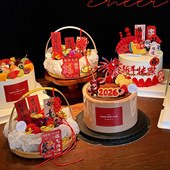 爆款 2026新年除夕夜马年祝福语蛋糕装 饰手提竹篮蒸笼马上有钱插件