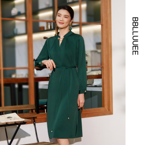 【轻奢缎面】BBLLUUEE/粉蓝衣橱2026春新款东方感复古立领连衣裙