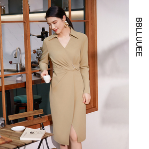 BBLLUUEE粉蓝衣橱中式扭结摩登连衣裙2025秋装新款钻石领衬衫裙