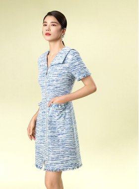 【声声慢】粉蓝衣橱2025秋装新款名媛风粗花呢小香风翻领连衣裙女