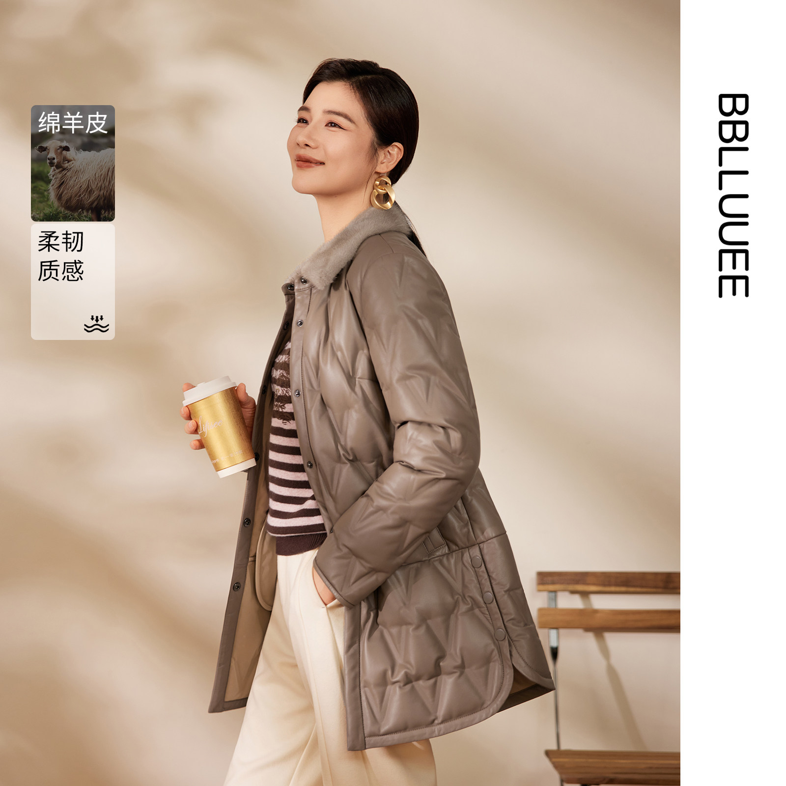BBLLUUEE粉蓝衣橱2025冬装水貂毛皮翻领衬衫式绵羊皮中长羽绒服女