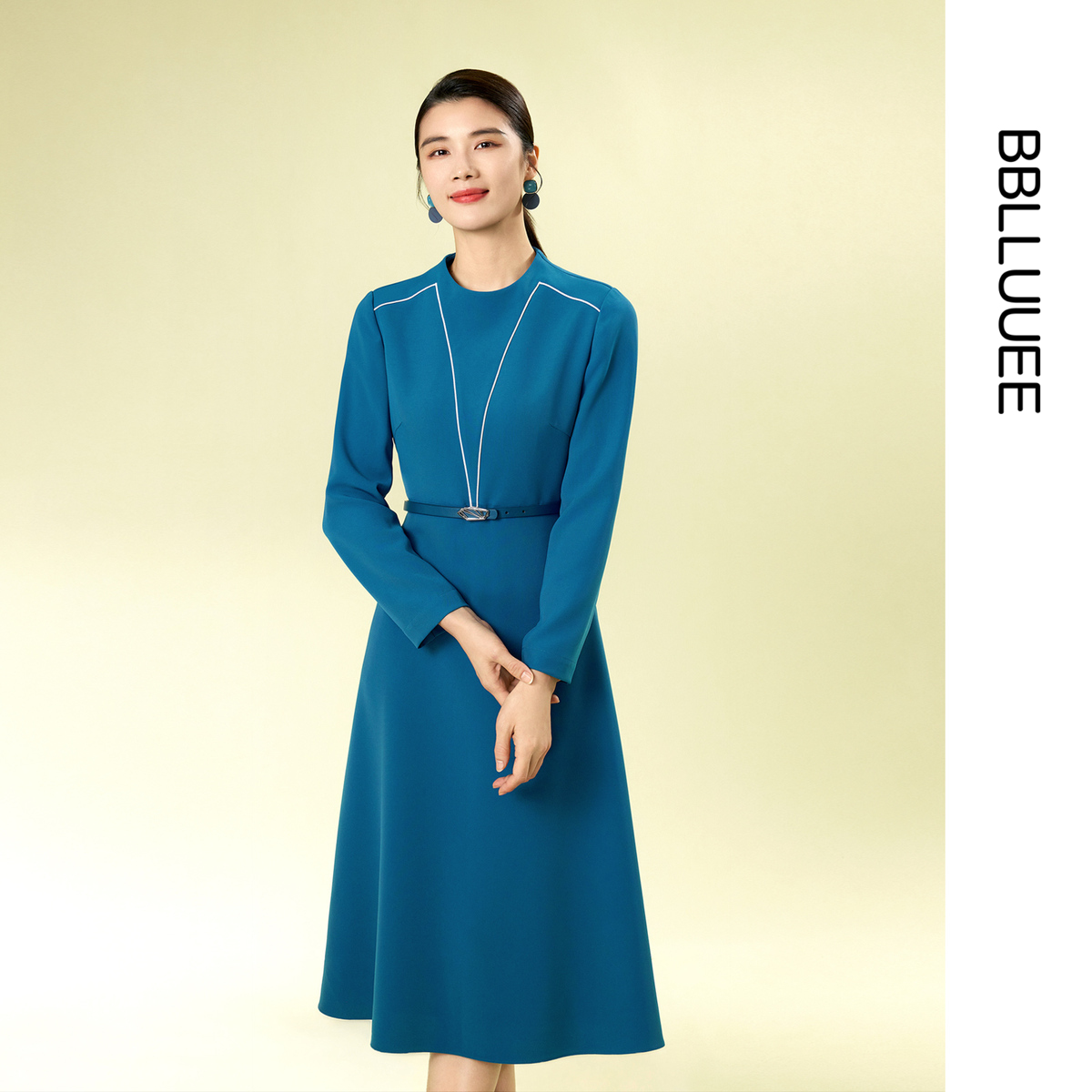 时尚撞色连衣裙 撞芽线立领裙