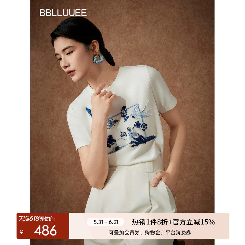【踏烟雨】粉蓝衣橱2026春新款东方质感立体贴花针织T恤衫女短袖