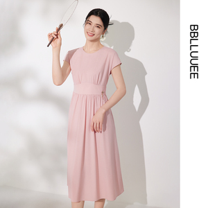 BBLLUUEE粉蓝衣橱2026夏装新中式国韵暗纹盖短袖宽松腰封连衣裙女