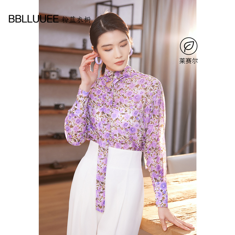 粉蓝衣橱中式油画印花衬衫女2025夏装新款紫色碎花飘带蝙蝠袖小衫