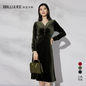 BBLLUUEE/粉蓝衣橱优雅女人味丝绒连衣裙2026春秋新款收腰v领长裙