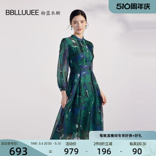 长袖 BBLLUUEE 新款 裙 粉蓝衣橱油画印花连衣裙女2023秋装 立领衬衫