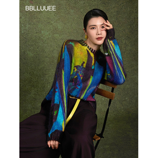 【艺术系穿搭】粉蓝衣橱2026春装新款花卉意境油画印花宽松女毛衫