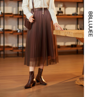 春秋层次感柔美半身裙女 BBLLUUEE粉蓝衣橱商场同款 渐变太阳褶