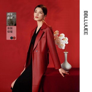 绵羊皮革翻领修身 霸气经典 长大衣女 新款 BBLLUUEE粉蓝衣橱2024冬装