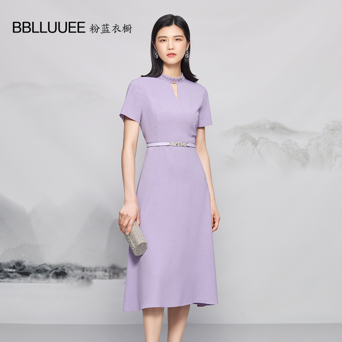 钉钻短袖连衣裙礼服粉蓝衣橱