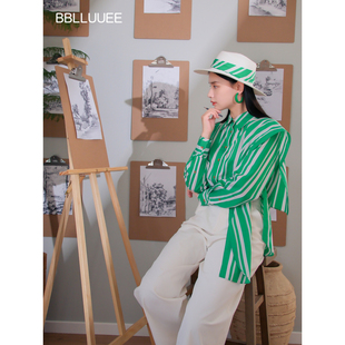 活力双色绿色条纹衬衫 气质时尚 女 新款 可拆卸飘片粉蓝衣橱2026春装