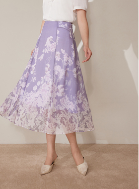 【花满楼】粉蓝衣橱2025夏装新款浪漫度假风紫色定位印花半身裙女