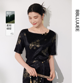 小衫 女 粉蓝衣橱2025夏装 复古印花连肩短袖 国风醋酸 BBLLUUEE