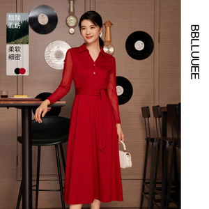 【商场同款醋酸针织裙】 粉蓝衣橱2025秋新款红色衬衫V领连衣裙女