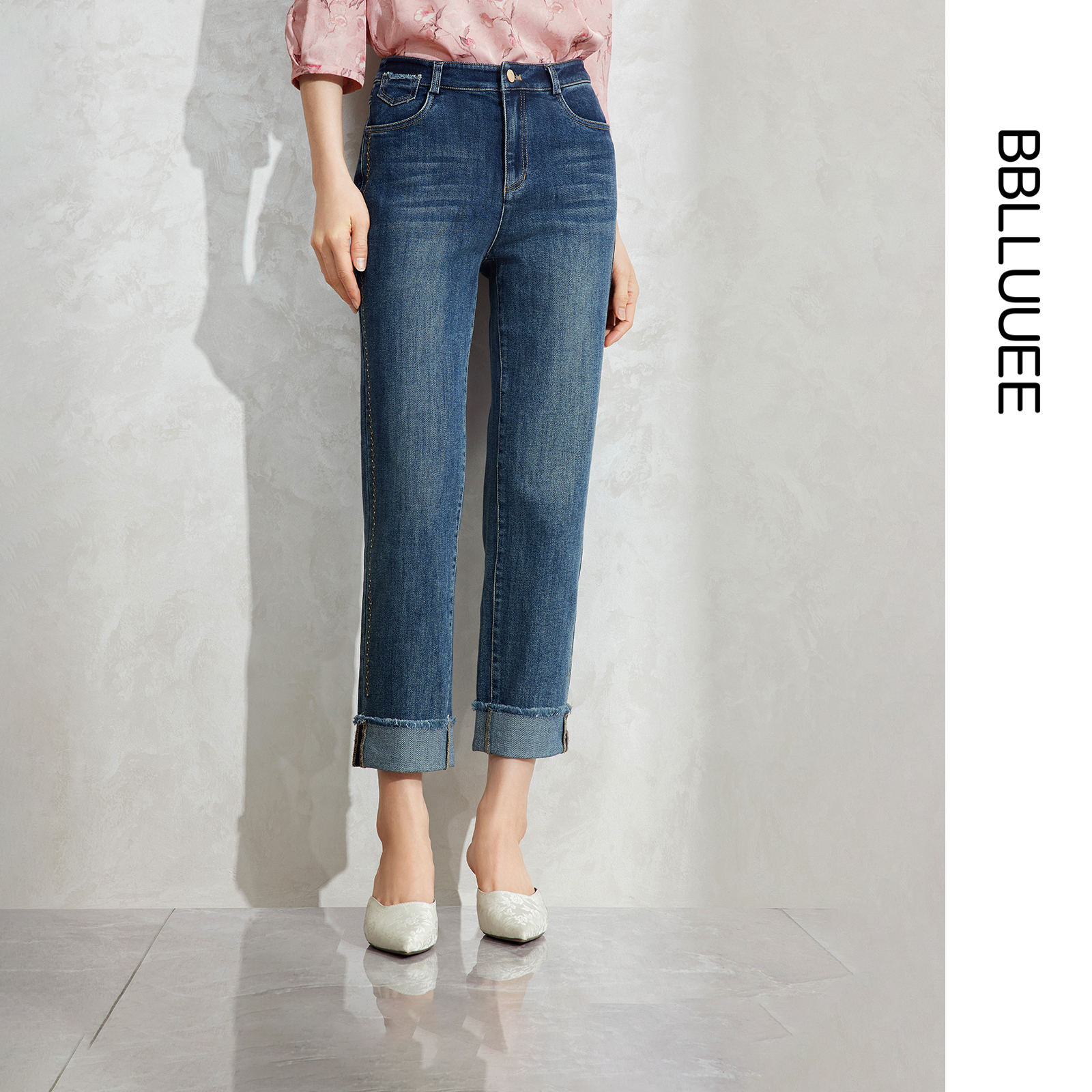 时髦翻折边 直筒牛仔裤 弹力休闲长裤