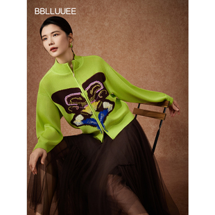 【蝶纹美学】粉蓝衣橱2026春装新款蝶韵蜀绣女艺术感撞色针织毛衫