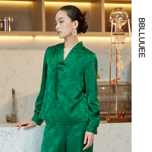 衬衫 绳结设计长袖 复古国潮暗纹提花衬衣女2023秋装 粉蓝衣橱新中式