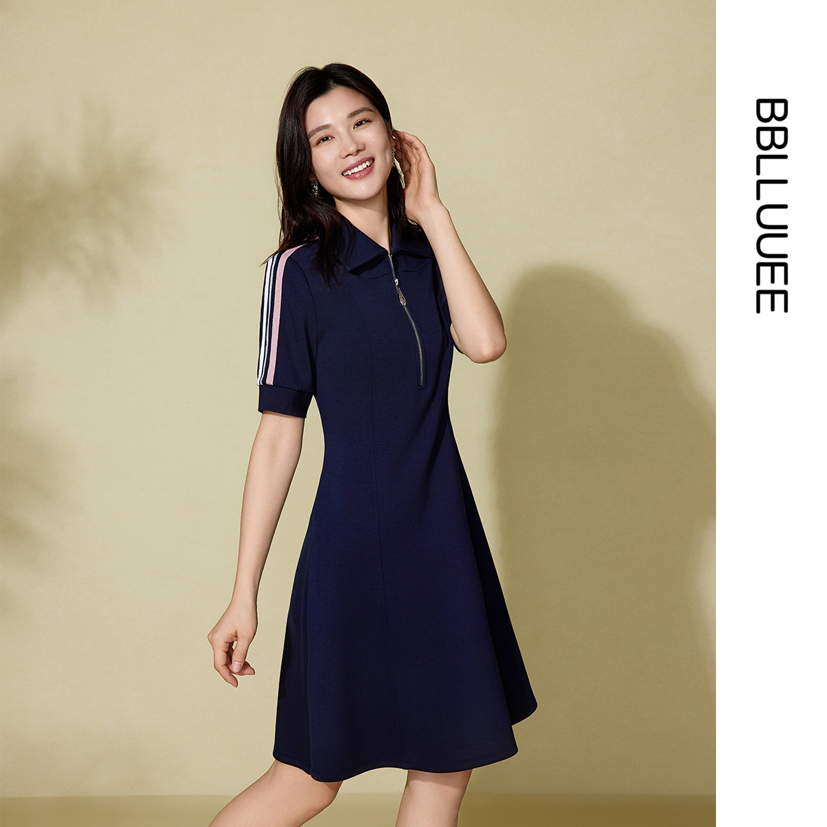 休闲撞色 小翻领卫衣 条纹T恤连衣裙