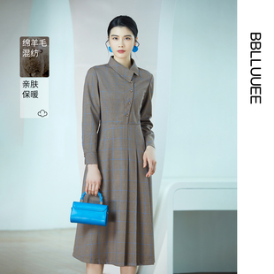 【商场同款】粉蓝衣橱复古色织千鸟格纹裙2025春秋不对称领连衣裙