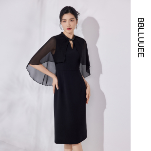 粉蓝衣橱2026夏装 东方奢雅披肩钉钻小黑裙飘纱立领礼服连衣裙 新款