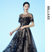 粉蓝衣橱手工蕾丝贴花拼接高定华丽礼服连衣裙 重工贴花礼服裙