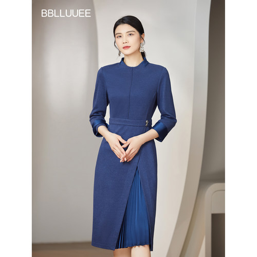 BBLLUUEE/粉蓝衣橱商场同款春秋女装细闪羊毛针织压褶收腰连衣裙