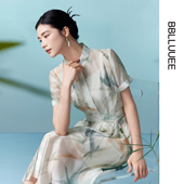 国风竹影薄纱印花旗袍领短袖 BBLLUUEE粉蓝衣橱2025夏装 新款 连衣裙