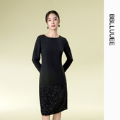 BBLLUUEE粉蓝衣橱2025秋冬小黑裙浪漫拼接珠片直筒裙细闪连衣裙女