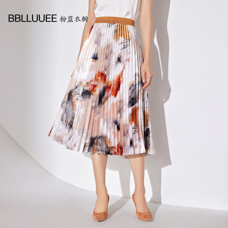 粉蓝衣橱抽象艺术水墨印花国风压褶半身裙女2025春光感缎面A字裙,女装/女士精品,半身裙,淘宝优惠券,粉丝福利购,淘宝优惠卷