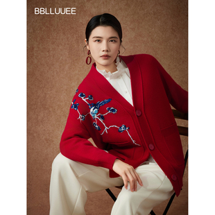 非遗蜡染喜鹊刺绣简约针织开衫 冬装 女 粉蓝衣橱商场同款 BBLLUUEE