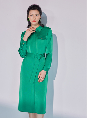 【商场同款衬衫裙】 粉蓝衣橱2025春秋大气工装风ol绿色连衣裙女