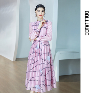 【商场同款诗艺提花长裙】BBLLUUEE粉蓝衣橱秋冬压褶大摆连衣裙女