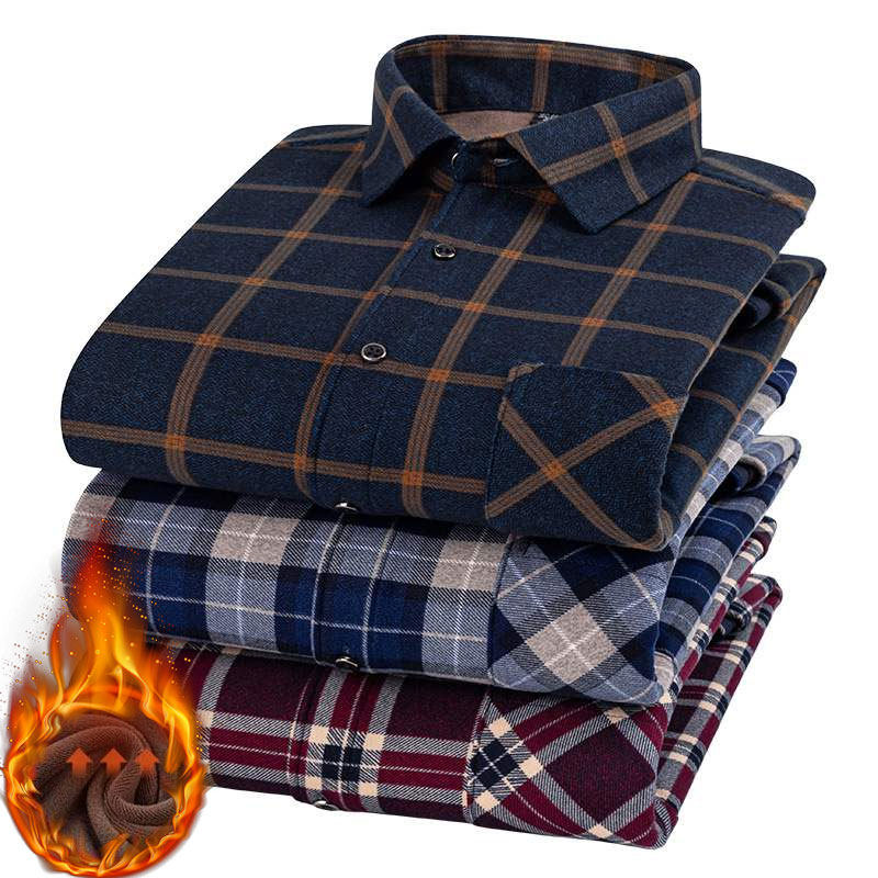 中老年双面绒衬衫加绒加厚保暖格子秋冬季宽松爸爸冬装中年男衬衣