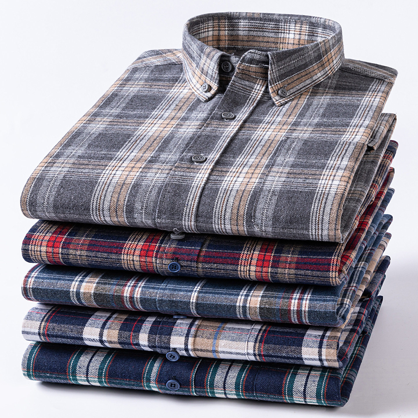 春秋季纯棉磨毛格子长袖衬衫加肥加大全棉男装钮扣领男式中年衬衣