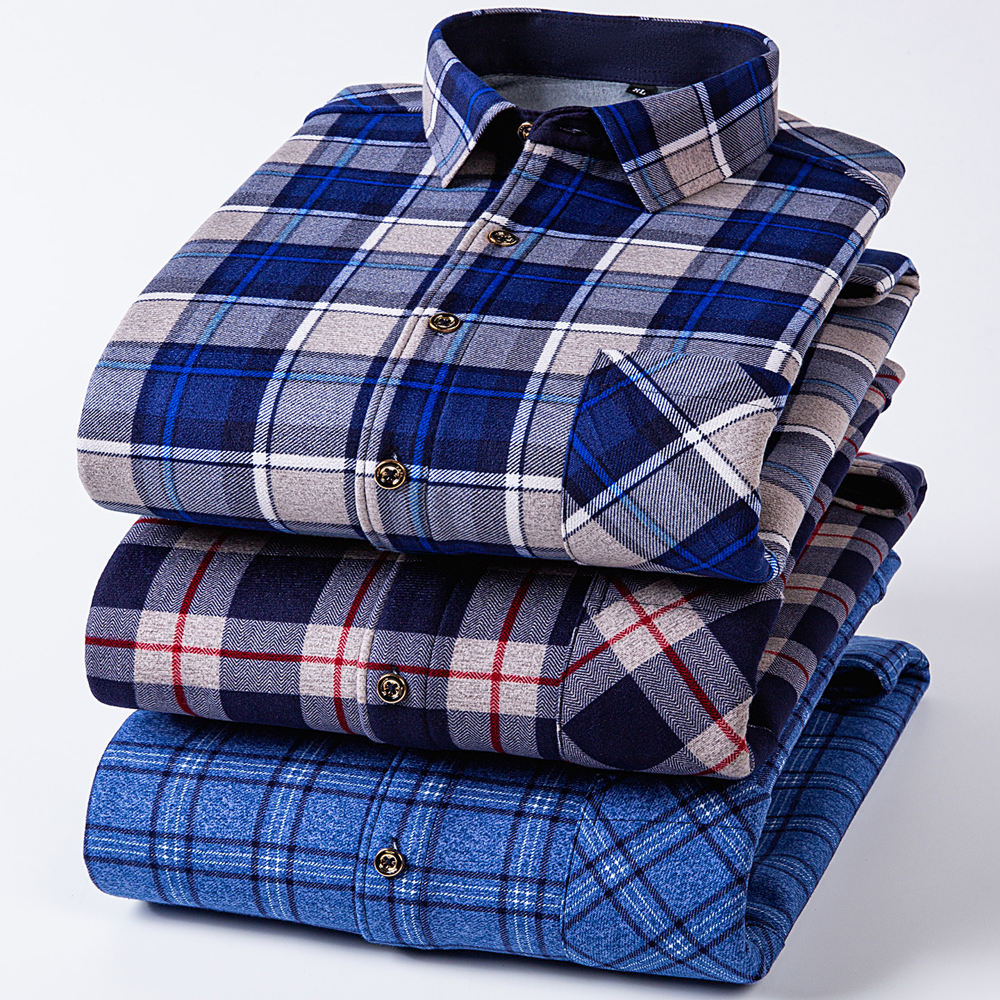 双面绒保暖衬衫加绒加厚格子中年爸爸装冬季男士开衫长袖男装衬衣