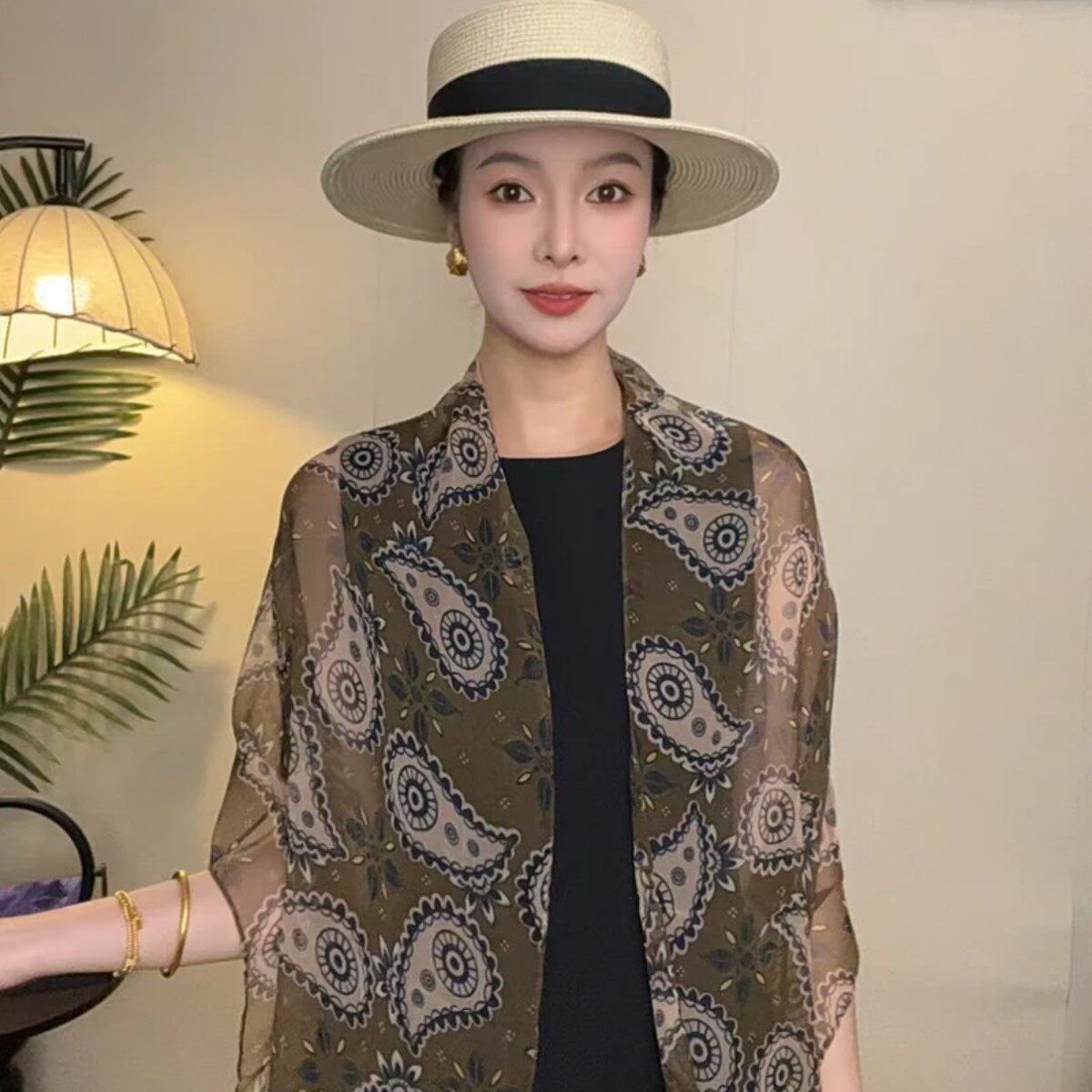【咖色腰果】175*43长条丝巾女士夏季百搭薄款飘带巾气质复古老钱
