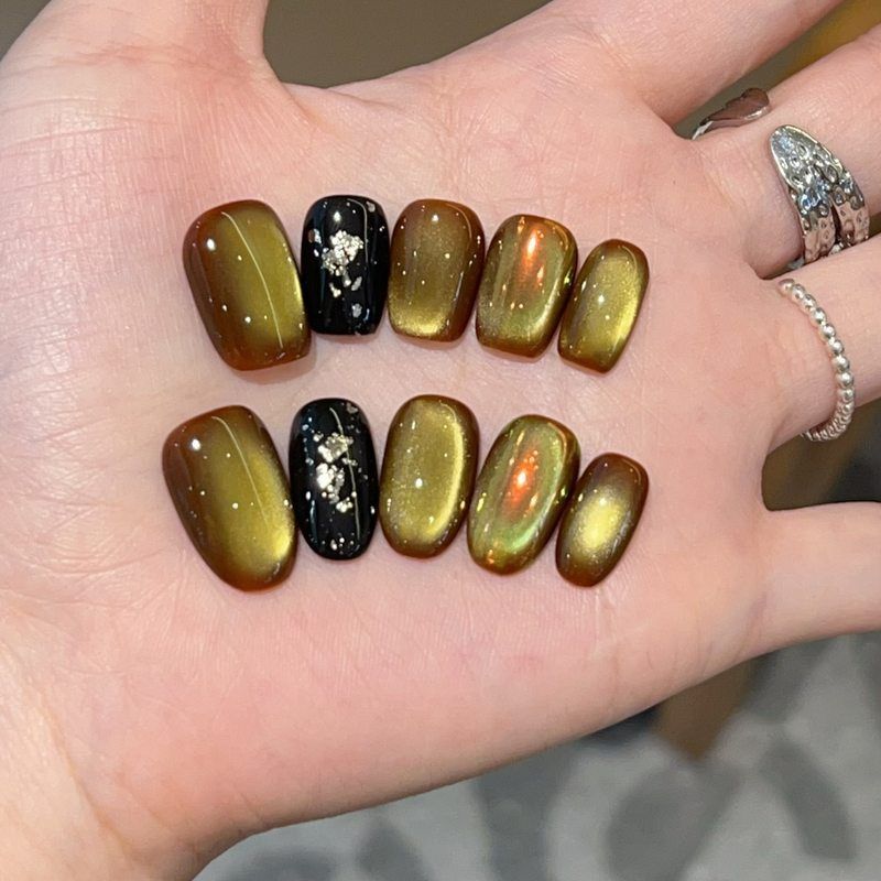 【林下叶】金色玻璃珠猫眼极光粉纯手工穿戴甲H412款