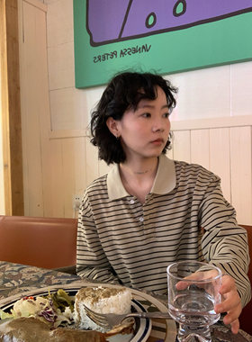 ifbeer韩版条纹长袖T恤女早秋宽松显瘦休闲polo领套头上衣复古